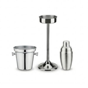 Professional stainless steel bar service set featuring a double-handle champagne bucket, a tall floor stand, and a classic cocktail shaker for hotel and restaurant use
